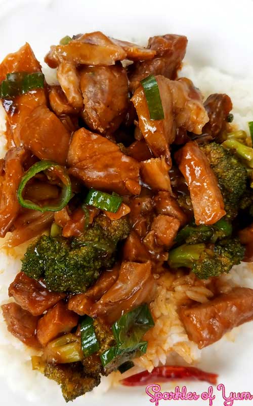 Roast Pork and Garlic Sauce with broccoli and green onions over white rice.