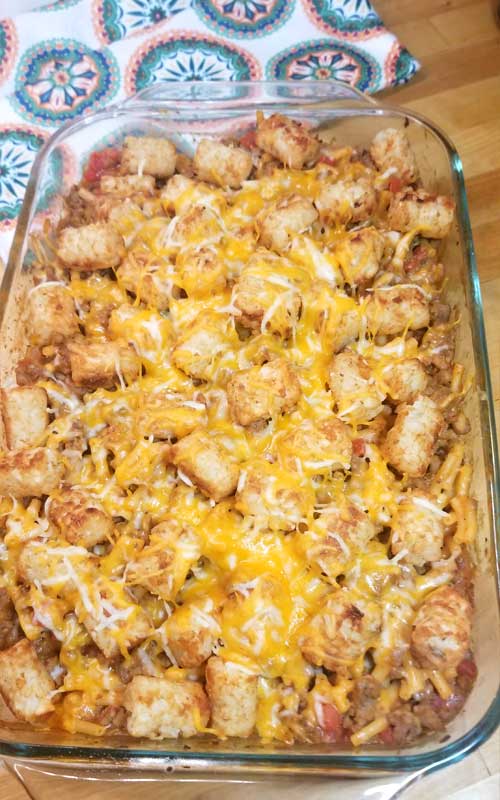 Top down view of a finished Mac n Cheesy Cowboy Casserole.