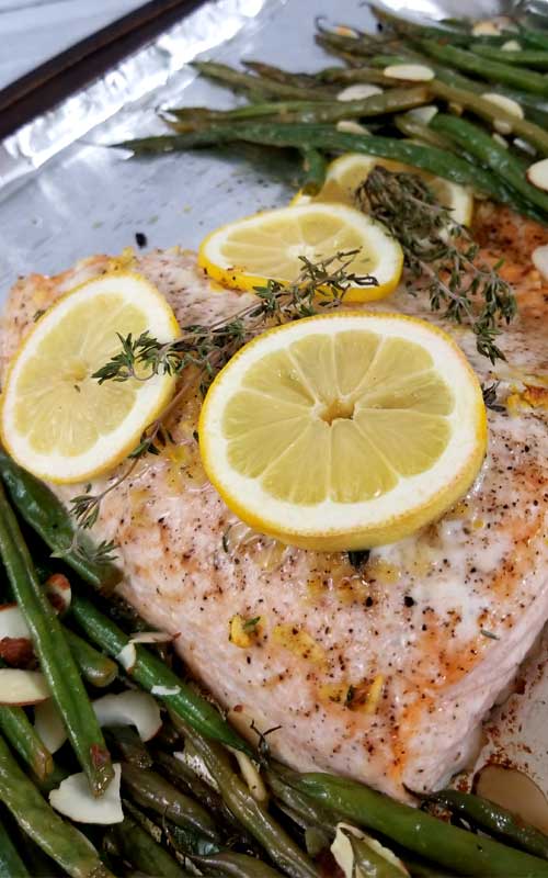 Lemon Thyme Salmon Recipe - Not only was this One Pan Lemon Thyme Salmon with French Green Beans and Almonds beyond easy, it was divine! It tasted even better than I expected; bursting with flavor; and with minimal clean-up.