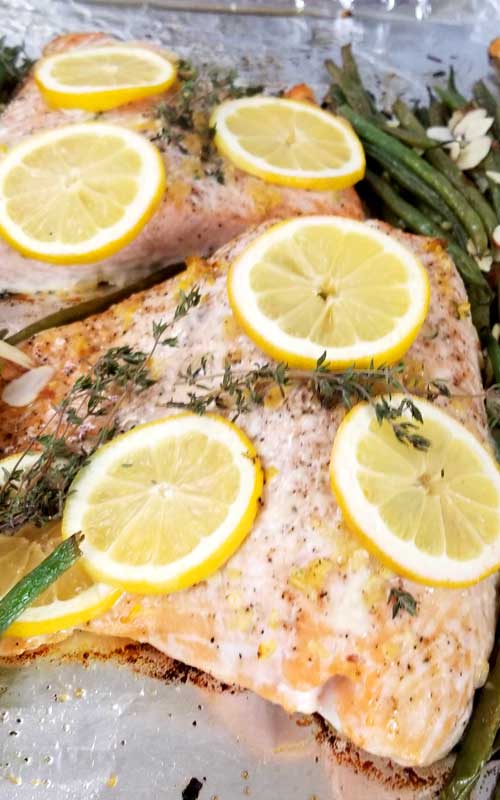 Lemon Thyme Salmon Recipe - Not only was this One Pan Lemon Thyme Salmon with French Green Beans and Almonds beyond easy, it was divine! It tasted even better than I expected; bursting with flavor; and with minimal clean-up.