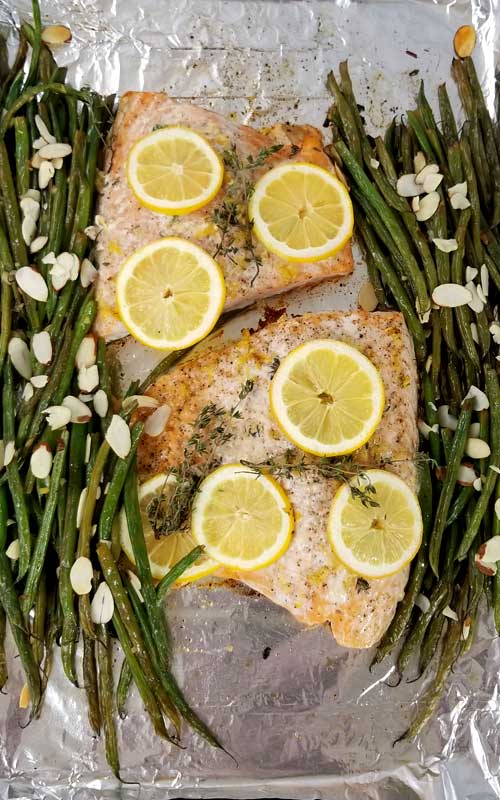 Lemon Thyme Salmon Recipe - Not only was this One Pan Lemon Thyme Salmon with French Green Beans and Almonds beyond easy, it was divine! It tasted even better than I expected; bursting with flavor; and with minimal clean-up.