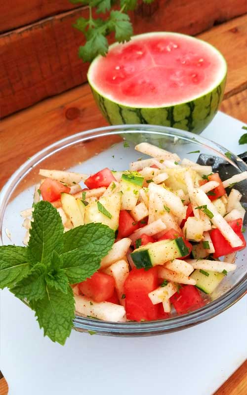 Super healthy, light, and refreshing. This Crunchy Watermelon Jicama & Cucumber Salad is a perfect side dish for a weekend party, or any summer meal for that matter.