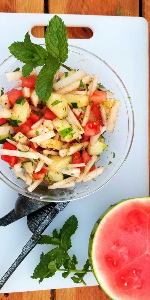 Super healthy, light, and refreshing. This Crunchy Watermelon Jicama & Cucumber Salad is a perfect side dish for a weekend party, or any summer meal for that matter.