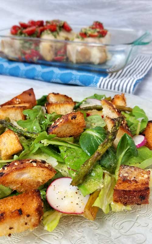 What better way to get your dark leafy greens than in an awesome, fresh from the garden, summer, Panzanella Salad with "Everything" Garlic Bread and a zesty Lemon Dijon Dressing. It was deee-lish!