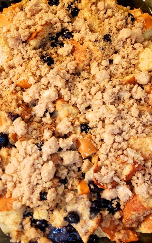 top down view of the Streusel Topping on a Easy Blueberry French Toast Casserole with Streusel Topping.