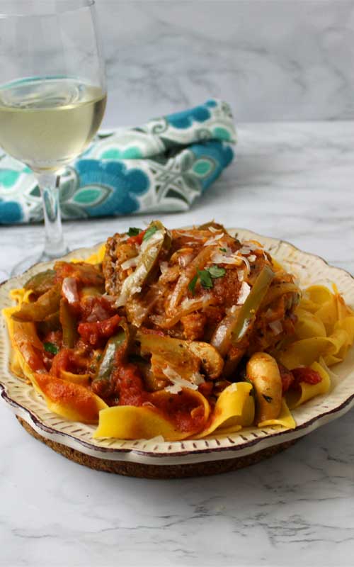 Love me some Chicken Cacciatore! It's so delicious and saucy with all the Italian goodness of the seasoning and a subtle sweetness in the sauce and goes perfectly served over this Pappardelle Pasta.
