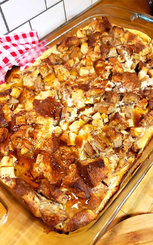Perfect for a fall breakfast or a busy holiday morning. This Caramel Apple French Toast Casserole comes in handy when you have overnight guests, because you can easily toss it together the night before and feed a hungry crowd in no time.