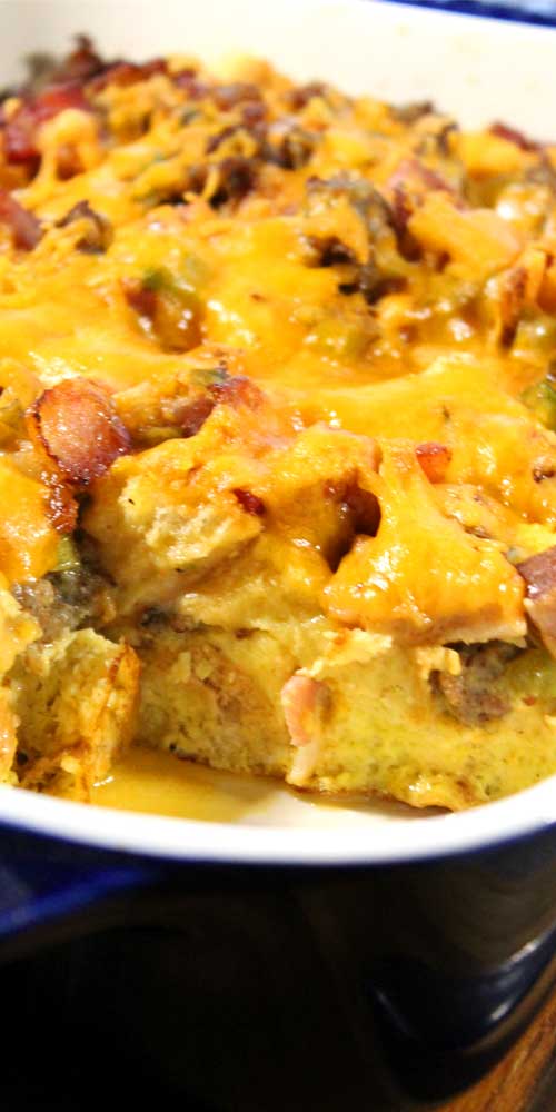 Bacon, ham, and sausage come together to make this Three Little Pigs Strata. A simple, delicious, and comforting breakfast everyone is sure to love!