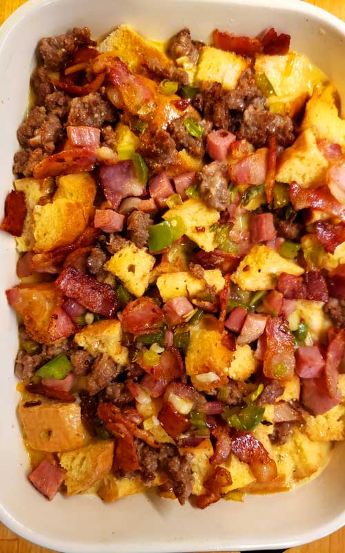 Bacon, ham, and sausage come together to make this Three Little Pigs Strata. A simple, delicious, and comforting breakfast everyone is sure to love!