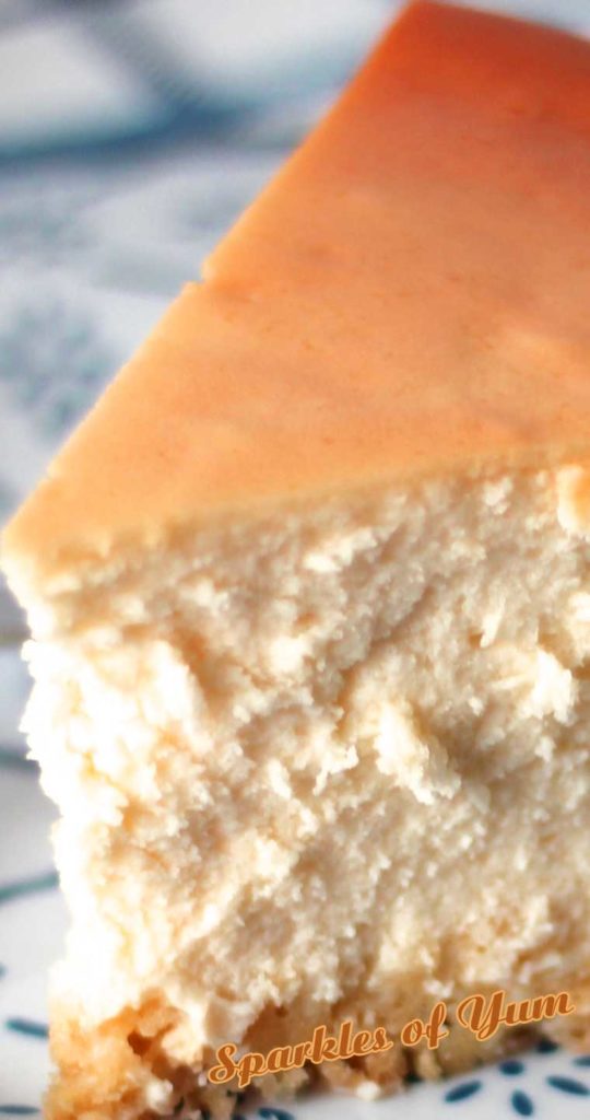 A very close up view hilighting the texture of a piece of New York Cheesecake.