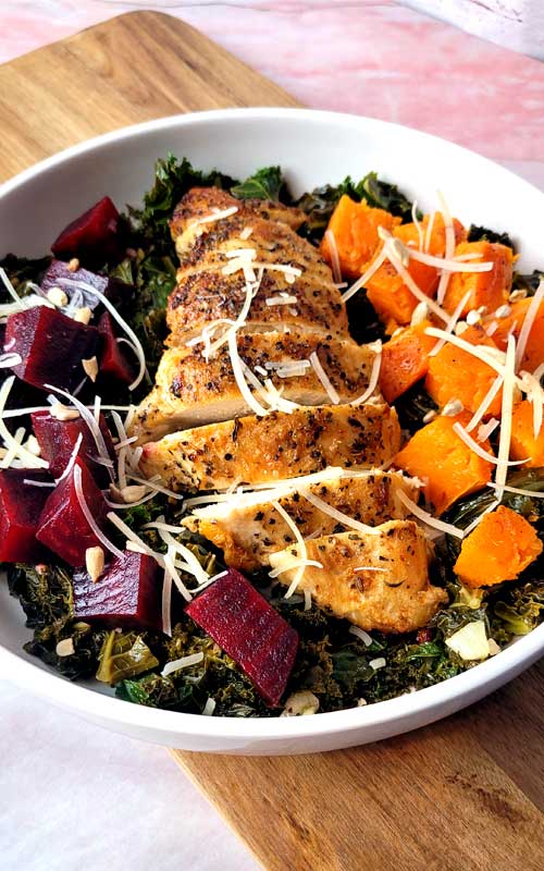 This Chicken & Kale Salad with Roasted Vegetables is so good we've had it twice in the last month! Proof that healthy can be tasty too!