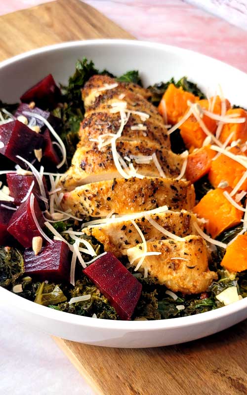 This Chicken & Kale Salad with Roasted Vegetables is so good we've had it twice in the last month! Proof that healthy can be tasty too!