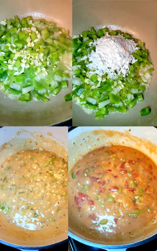 A four picture collage. The first image is chopped bell peppers, onion, and garlic in a Dutch oven. The second adds flour. The third is after adding butter, and starting to form the roux. The fourth image adds tomatoes into the mixture.