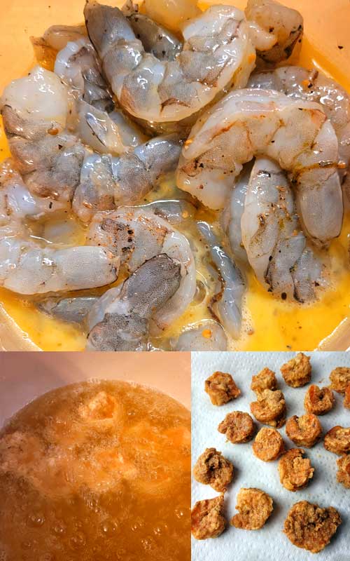 A collage of three photos. The top is a bowl holding uncooked tiger shrimp. The lower left is the shrimp geing deep fried. The lower right is the finished shrimp draining on a paper towel.